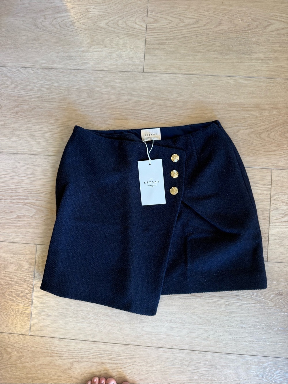 Sezane Blue Wrap Mini Skirt with Gold Buttons